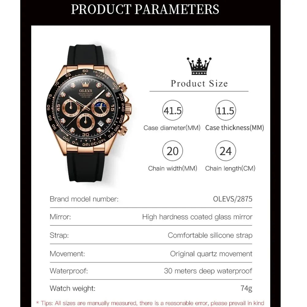 OLEVS 2875 Luxury Quartz Men Watch Silicone Strap Waterproof 24hour Moon Phase Chronograph Fashion Classic Sports Man Wristwatch