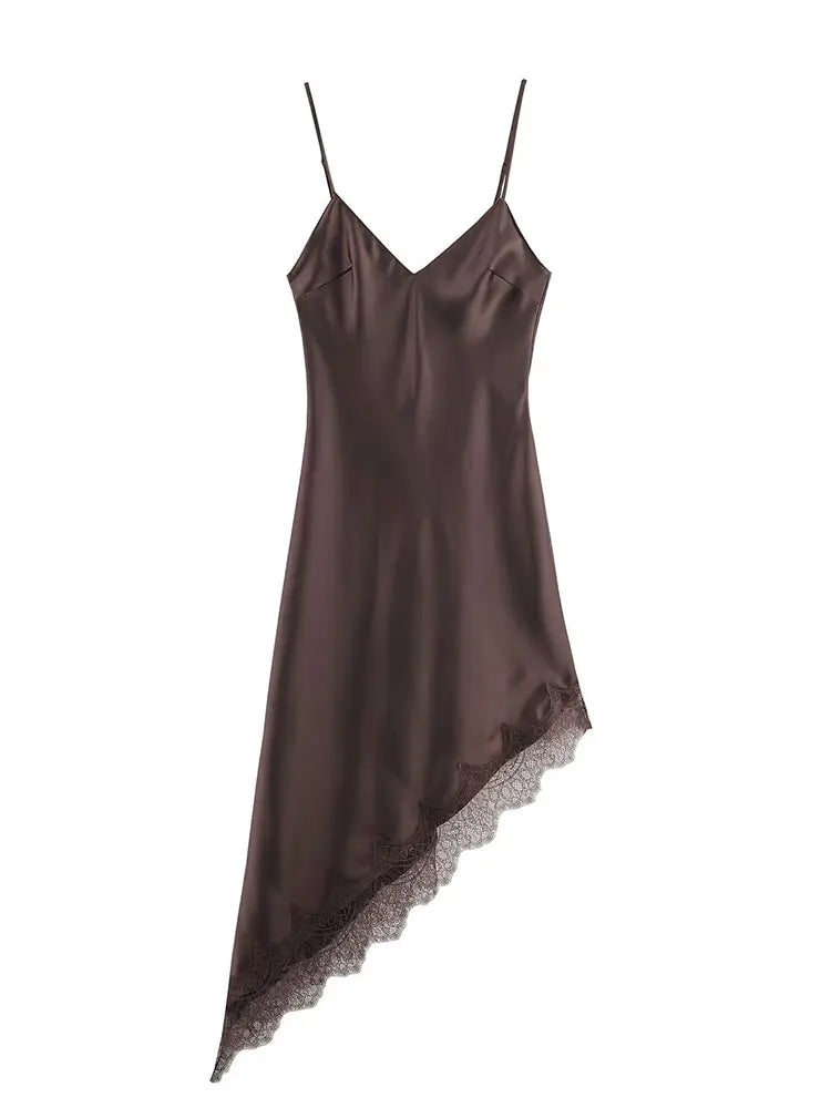 HH Women Vintage Brown Midi Dress Sexy Backless Asymmetric Lace Hem Sleeveless Camisole Dresses Y2K Elegant Woman Evening Dress