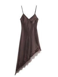 HH Women Vintage Brown Midi Dress Sexy Backless Asymmetric Lace Hem Sleeveless Camisole Dresses Y2K Elegant Woman Evening Dress