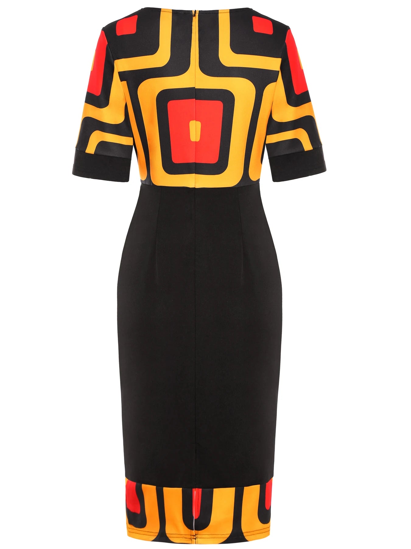 Womens Short Sleeve Geometry Print Crew Neck Work Knee Length Patchwork Business Casual Party Midi Pencil Bodycon Sheath Dress