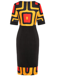Womens Short Sleeve Geometry Print Crew Neck Work Knee Length Patchwork Business Casual Party Midi Pencil Bodycon Sheath Dress