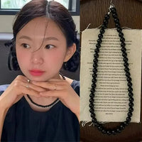 Fashion Punk Smooth Black Round Beads String Necklace for Women Men Unisex Acrylic Beads Choker Jewelry on The Neck Collar Gift