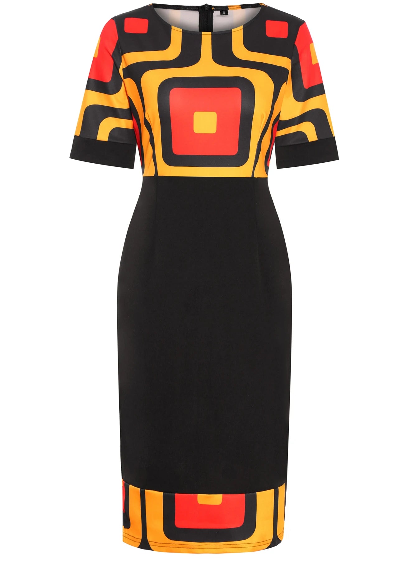 Womens Short Sleeve Geometry Print Crew Neck Work Knee Length Patchwork Business Casual Party Midi Pencil Bodycon Sheath Dress