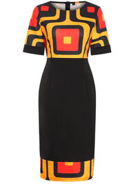 Womens Short Sleeve Geometry Print Crew Neck Work Knee Length Patchwork Business Casual Party Midi Pencil Bodycon Sheath Dress