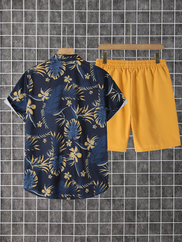 2-Piece Printed Men's Summer Short-Sleeved Button-Down Shirt and Shorts Set
