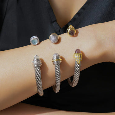 Chic Colored Crystal Stainless Steel Bangle for Women Wire Rope Bracelet Cubic Zirconia Gold Plated Jewelry Accessories Gift