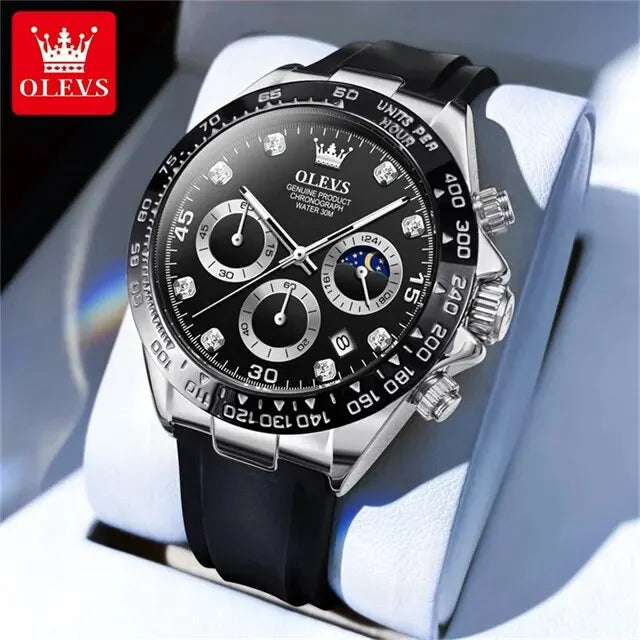OLEVS 2875 Luxury Quartz Men Watch Silicone Strap Waterproof 24hour Moon Phase Chronograph Fashion Classic Sports Man Wristwatch