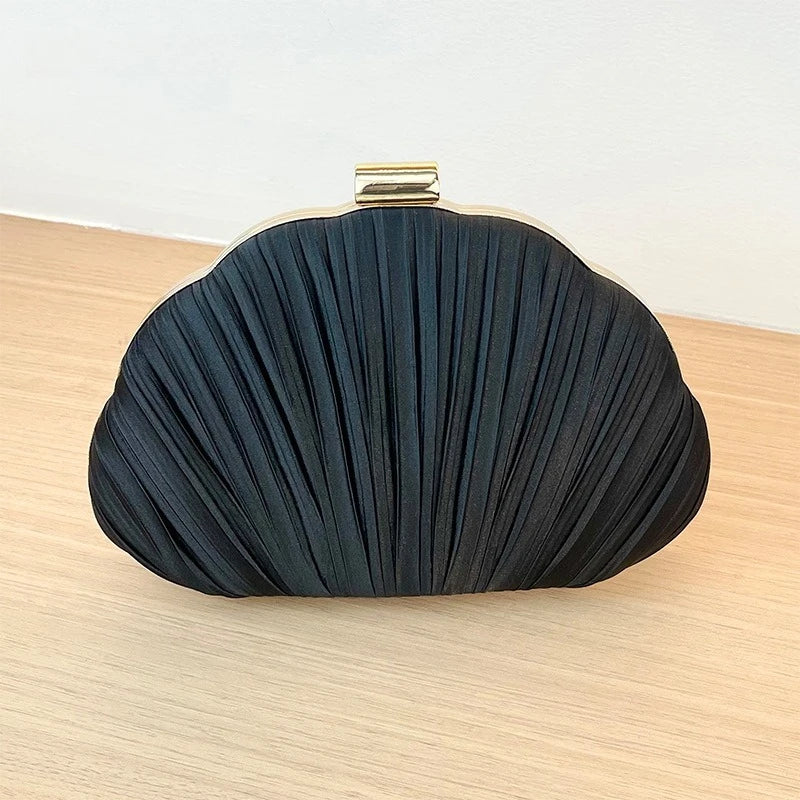 Minimalist Champagne Pleated Shell Clutch, Chic Evening Crossbody Purse with Gold Chain for Women Wedding Formal Shoulder Bags