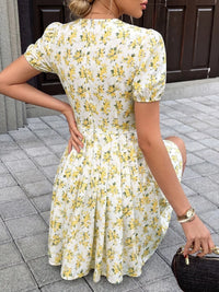 2026 New Floral Print Bow Pleated Summer Dress Women Elegant V-neck Puff Sleeve Mini Dress Female Holiday Beach Sundress