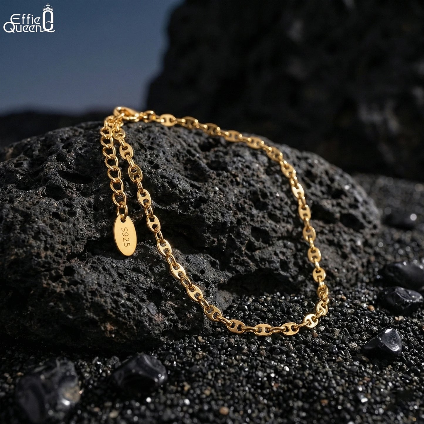 Effie Queen 925 Pure Silver 14k Gold 1.3mm Mariner Chain Anklet Simple Jewelry for Women Summer Beach Party Birthdays Gift SA24