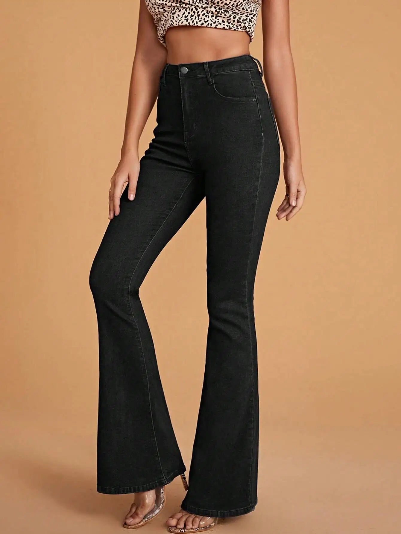 High-Waisted Black Flared Jeans for Women, Stretch Denim, Full-Length