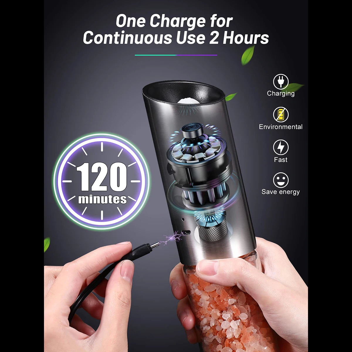 2pcs electric salt and pepper grinder set, USB rechargeable salt and pepper grinder set, electric salt and pepper grinder