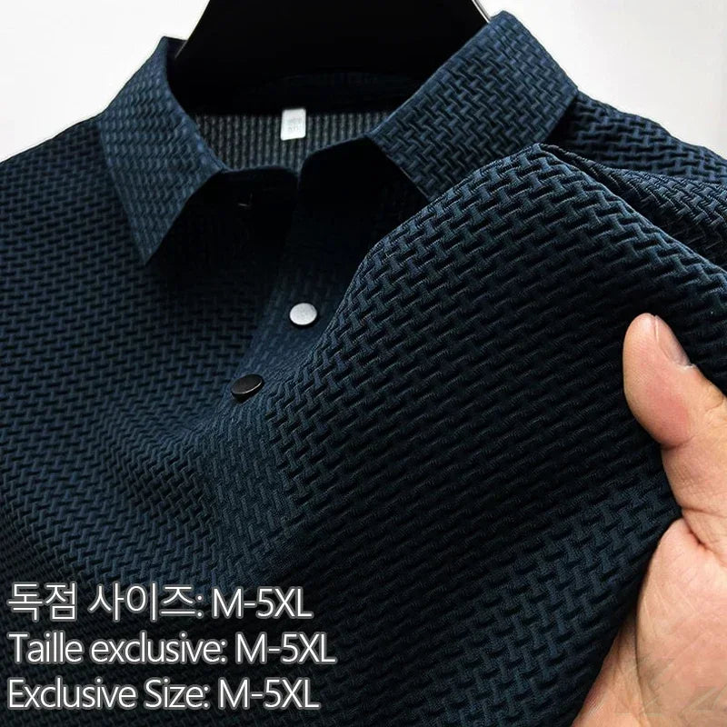 Summer New Men's Lop-up Hollow Short-sleeved Polo Shirt Ice Silk Brand Clothes Breathable Business Fashion T-Shirt Male Upto 6XL
