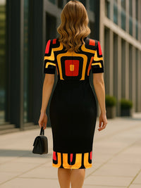 Womens Short Sleeve Geometry Print Crew Neck Work Knee Length Patchwork Business Casual Party Midi Pencil Bodycon Sheath Dress