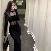 【HOT】Pure Desire Wind Royal Sister Spicy Girls Bag Spring and Autumn New Waist Cutting Fork Mesh Stitching Sexy Beautiful Dress