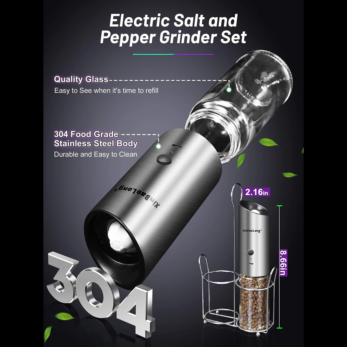 2pcs electric salt and pepper grinder set, USB rechargeable salt and pepper grinder set, electric salt and pepper grinder