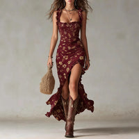 2026 New Women's Bohemian Retro Ruffled Sleeveless Strap High-Split Dress