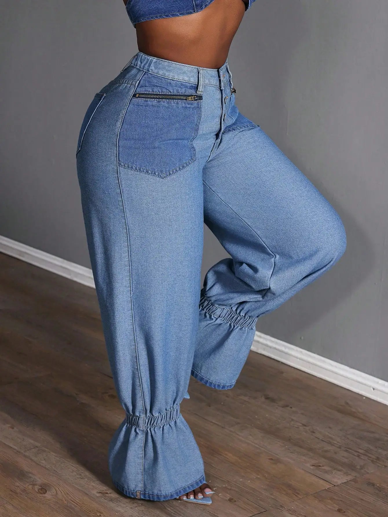 Plus Size Women Loose Casual Versatile Denim Jeans With Zipper Pockets And Ruffle Hem