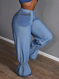 Plus Size Women Loose Casual Versatile Denim Jeans With Zipper Pockets And Ruffle Hem