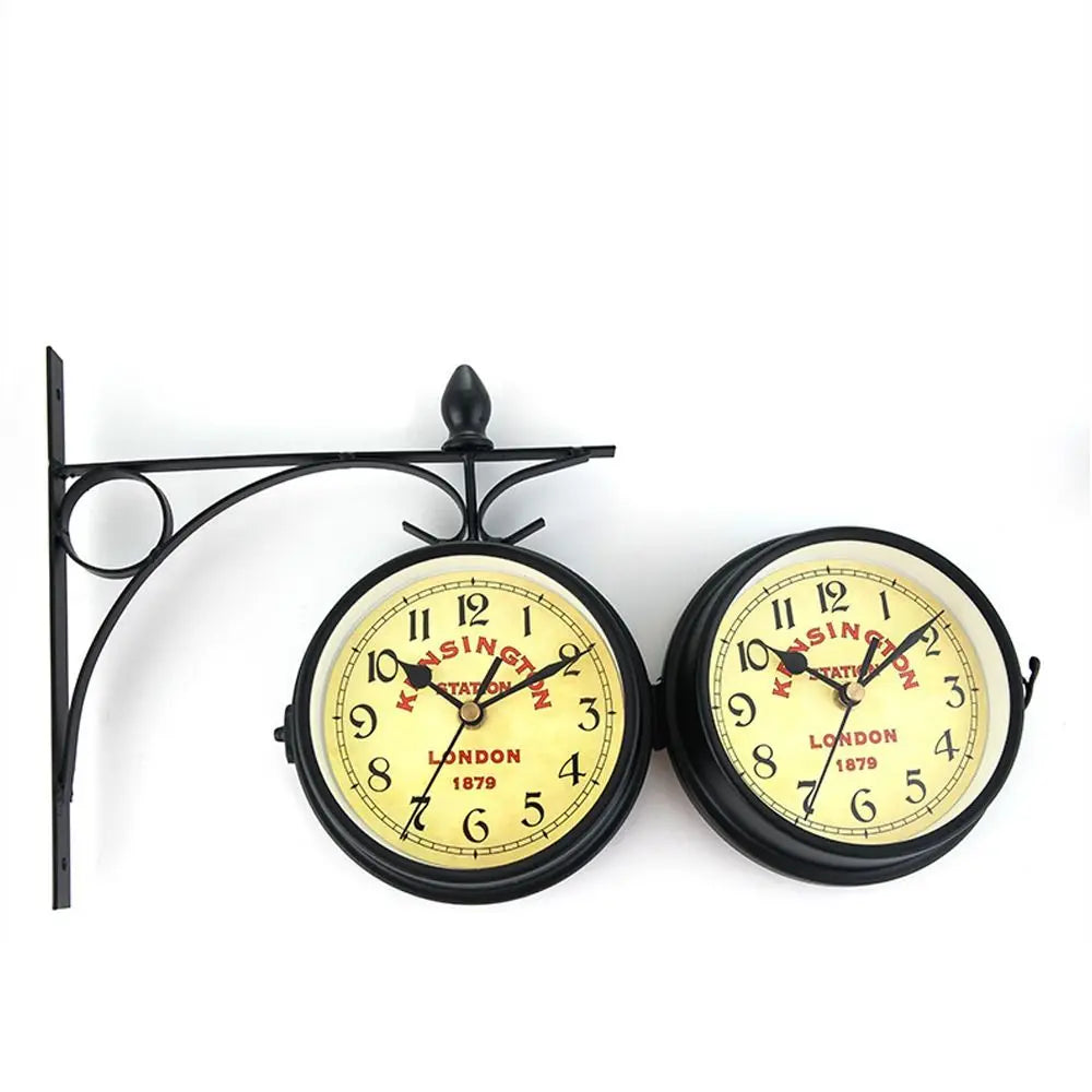 Retro Double Sided Metal Clock With Bracket Durable Wall Clock Garden Train Station Outside Decoration High Quality Home Decor