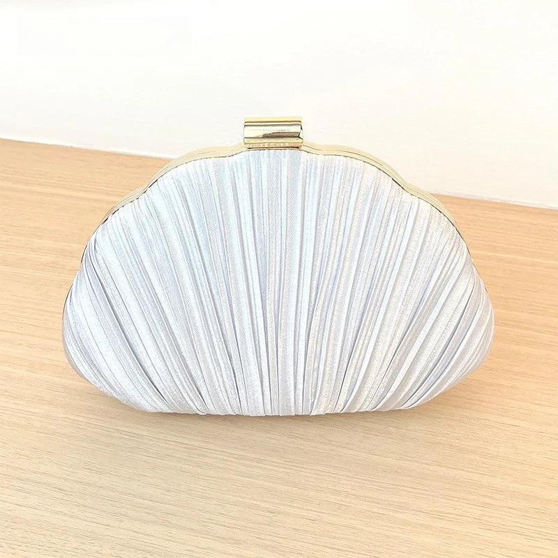 Minimalist Champagne Pleated Shell Clutch, Chic Evening Crossbody Purse with Gold Chain for Women Wedding Formal Shoulder Bags