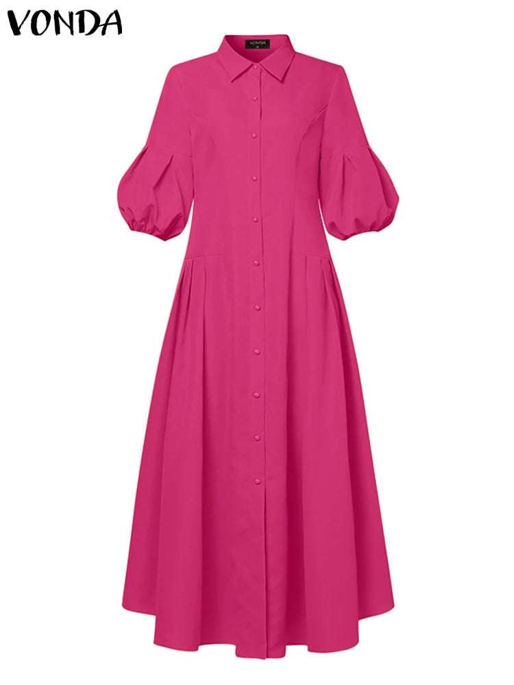 VONDA Elegant Maxi Dress Summer Women Fashion Lantern Sleeve Buttons Big Swing Party Shirt Sundress Casual Solid Patrty Sundress
