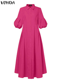 VONDA Elegant Maxi Dress Summer Women Fashion Lantern Sleeve Buttons Big Swing Party Shirt Sundress Casual Solid Patrty Sundress