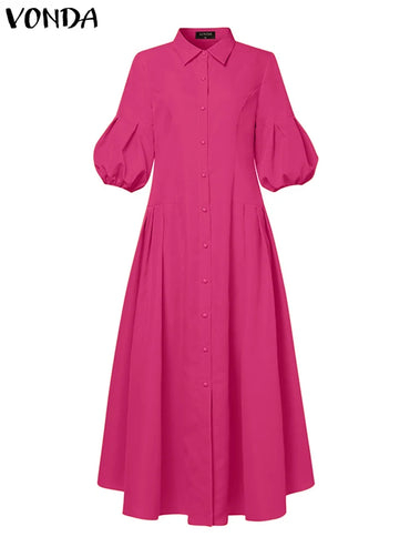VONDA Elegant Maxi Dress Summer Women Fashion Lantern Sleeve Buttons Big Swing Party Shirt Sundress Casual Solid Patrty Sundress