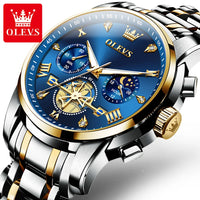OLEVS 2856 Quartz Watch for Men Flywheel Skeleton Chronograph Moon Phase Multifunctional Stainless steel Men's Wristwatches