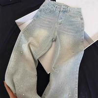 Slimming High Waist Shiny Star Rhinestone Denim Pants Women's Summer New Wide Leg Trendy Jeans High Waist Button Decor