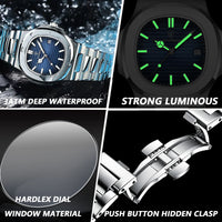 POEDAGAR Luxury Square Men Wristwatch Waterproof Stainless Steel Luminous Date Male Clock Sports Business Quartz Watches For Men