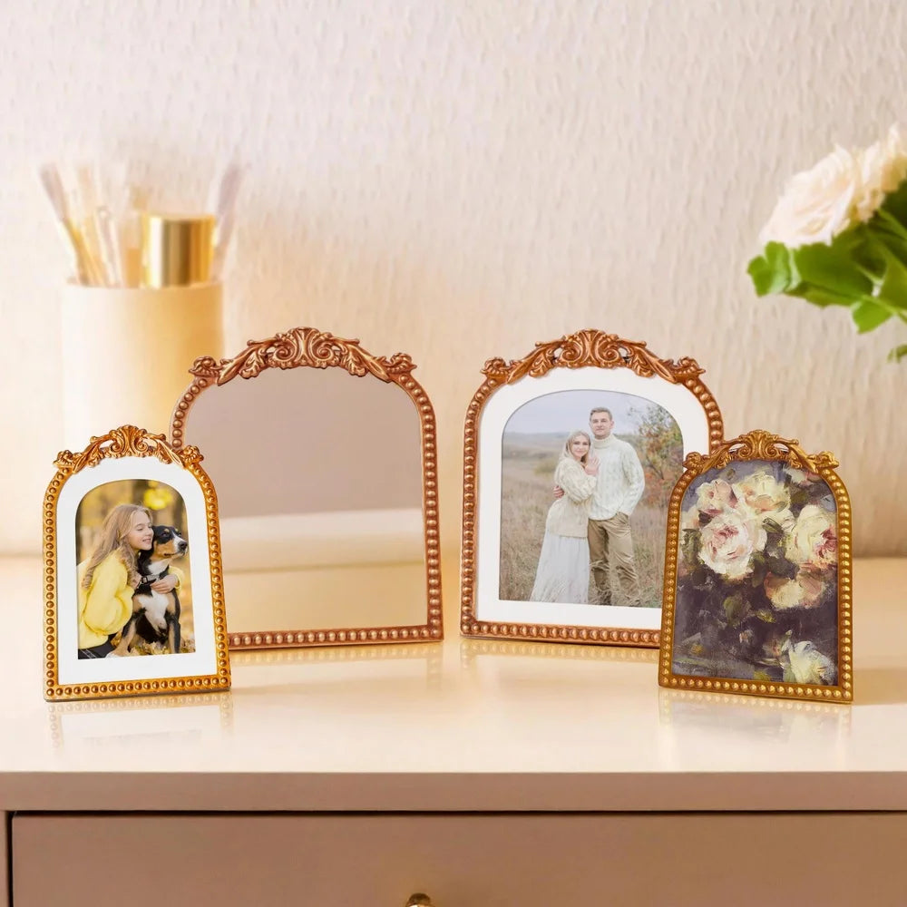 Gold Filigree Arch Tabletop Mirror Adjustable Stand Decorative Accent Elegant Home Decor High Quality Mirror Bedroom Living Room