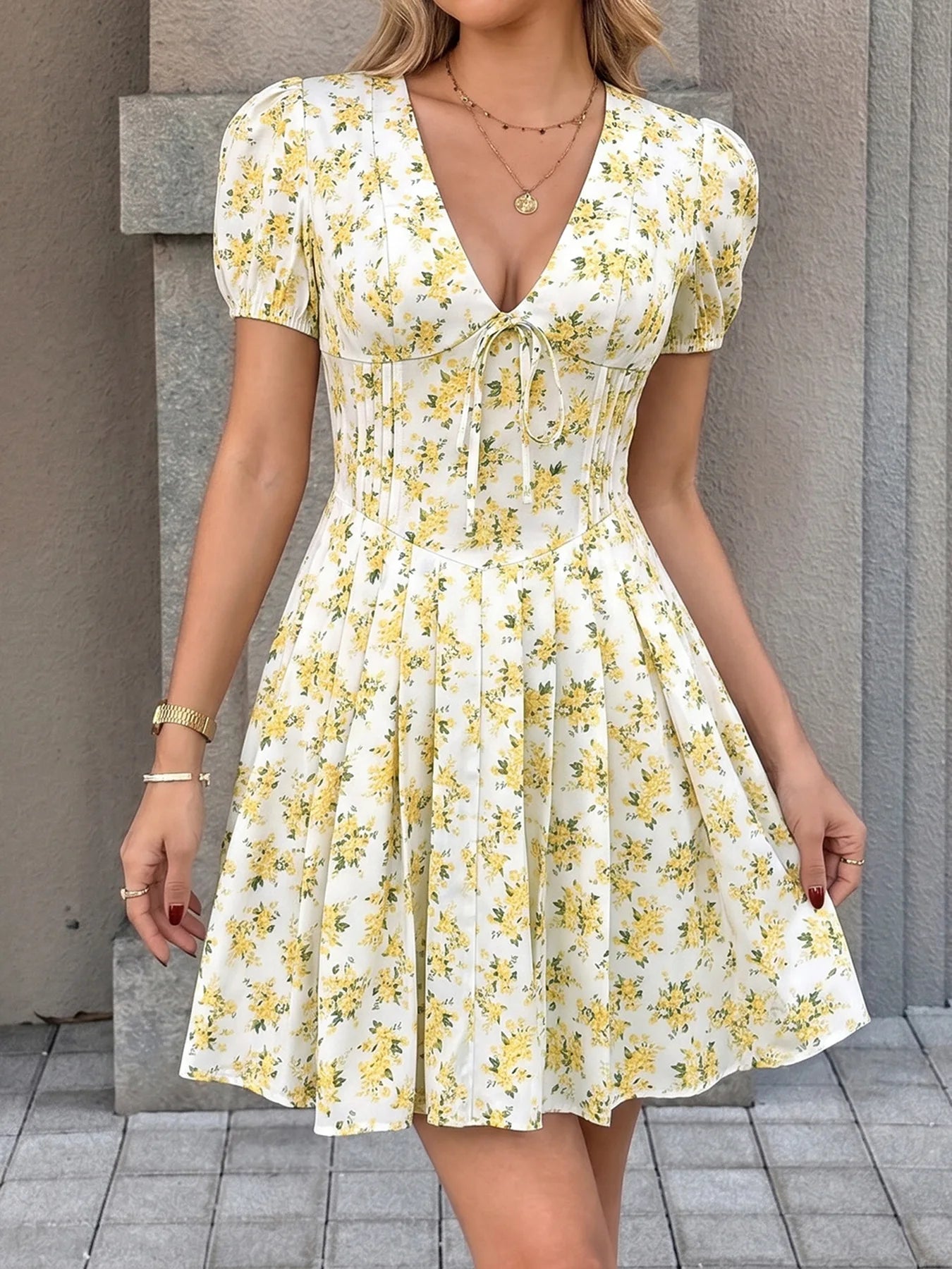 2026 New Floral Print Bow Pleated Summer Dress Women Elegant V-neck Puff Sleeve Mini Dress Female Holiday Beach Sundress
