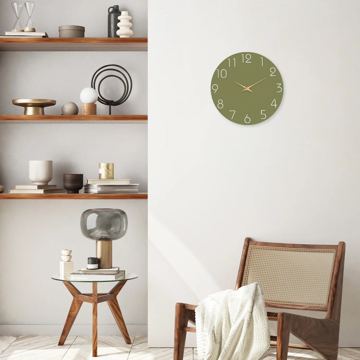Modern Minimalist White Numbers Green Background Pattern Wooden Wall Clock Living Room Bedroom Kitchen Home Decoration Wall Clock Silent Quartz Clock Holiday Gift 10 Inches 12 Inches 14inch 16inch (No Battery)