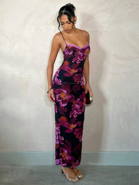 Floral Print Lace Trim Spaghetti Strap Curve Hugging Long Dress For Women