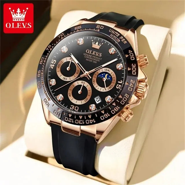 OLEVS 2875 Luxury Quartz Men Watch Silicone Strap Waterproof 24hour Moon Phase Chronograph Fashion Classic Sports Man Wristwatch
