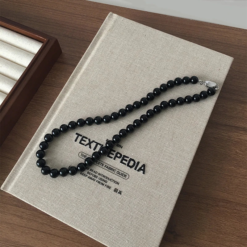 Fashion Punk Smooth Black Round Beads String Necklace for Women Men Unisex Acrylic Beads Choker Jewelry on The Neck Collar Gift