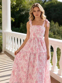 2026 Spring Summer New Women's Bohemian Adjustable Shoulder Strap Print Dress Lady French Style Sleeveless Cable tied Maxi Dress