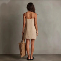 2026 new - European and American  vacation home V-neck suspender beast-trimmed mini solid color dress