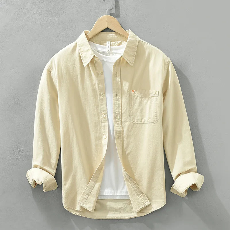 100% Cotton Spring Men's Casual Long-Sleeve Shirt, Outdoor Camping Hiking Japanese Style Loose Fit, Avocado Green Simple Fashion