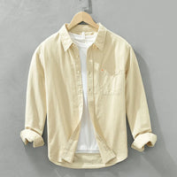100% Cotton Spring Men's Casual Long-Sleeve Shirt, Outdoor Camping Hiking Japanese Style Loose Fit, Avocado Green Simple Fashion
