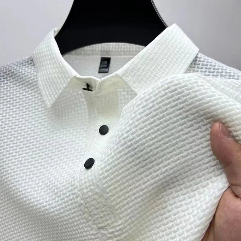 Summer New Men's Lop-up Hollow Short-sleeved Polo Shirt Ice Silk Brand Clothes Breathable Business Fashion T-Shirt Male Upto 6XL