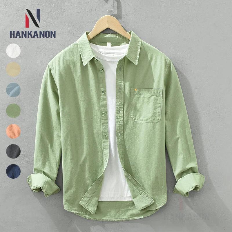 100% Cotton Spring Men's Casual Long-Sleeve Shirt, Outdoor Camping Hiking Japanese Style Loose Fit, Avocado Green Simple Fashion