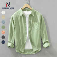 100% Cotton Spring Men's Casual Long-Sleeve Shirt, Outdoor Camping Hiking Japanese Style Loose Fit, Avocado Green Simple Fashion