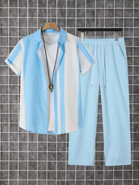 2-Piece Printed Men's Summer Short-Sleeved Button-Down Shirt and Pants Set