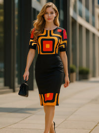 Womens Short Sleeve Geometry Print Crew Neck Work Knee Length Patchwork Business Casual Party Midi Pencil Bodycon Sheath Dress