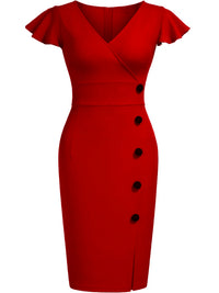 Women Sexy Deep V Neck Ruffle Vintage Sexy Cocktail Party Button Wrap Spilt Knee Length Sheath Bodycon Pencil Slim Dress