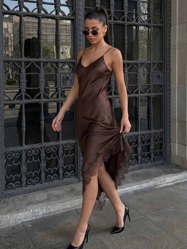 HH Women Vintage Brown Midi Dress Sexy Backless Asymmetric Lace Hem Sleeveless Camisole Dresses Y2K Elegant Woman Evening Dress