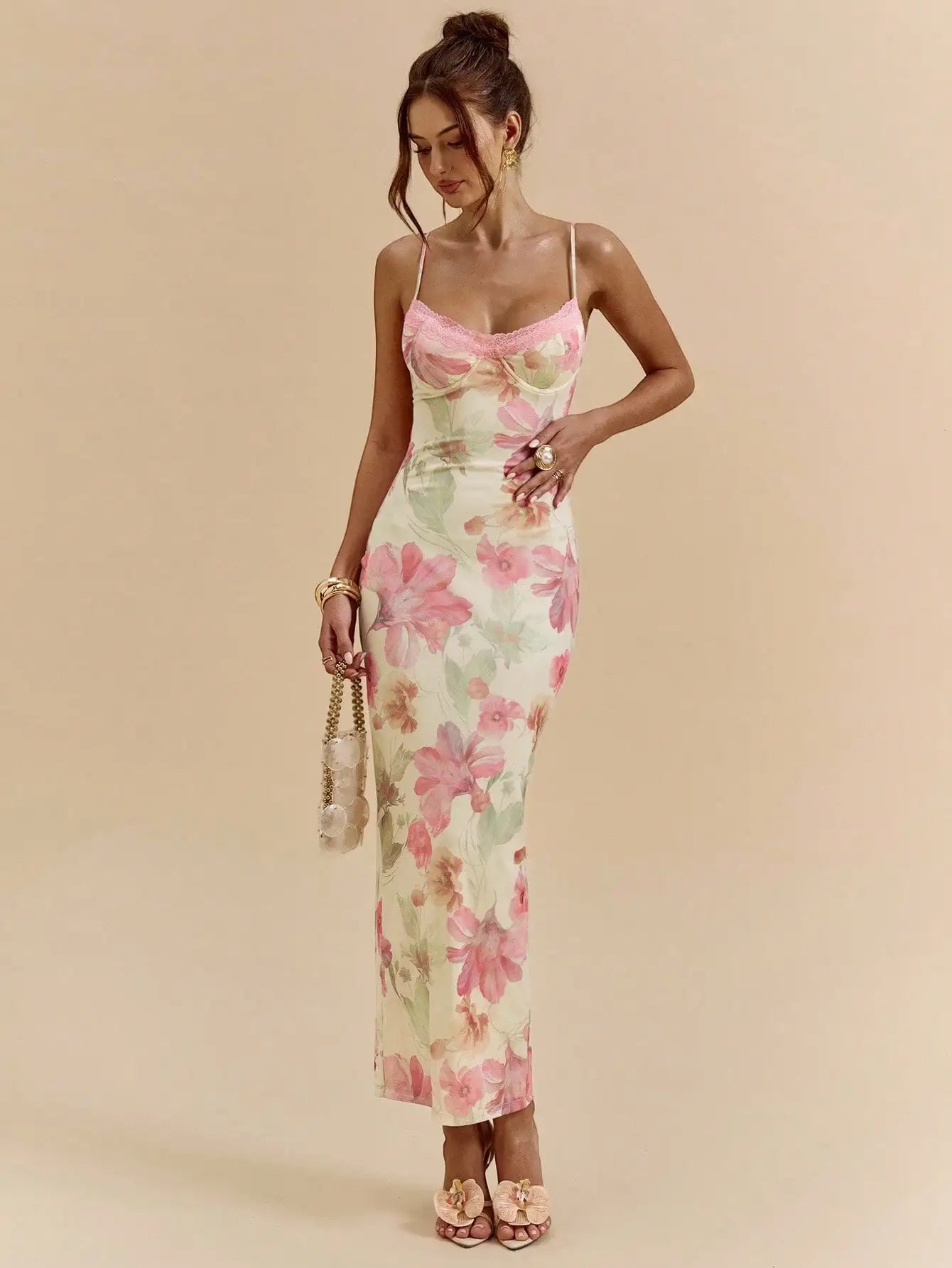 Floral Print Lace Trim Spaghetti Strap Curve Hugging Long Dress For Women