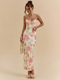 Floral Print Lace Trim Spaghetti Strap Curve Hugging Long Dress For Women